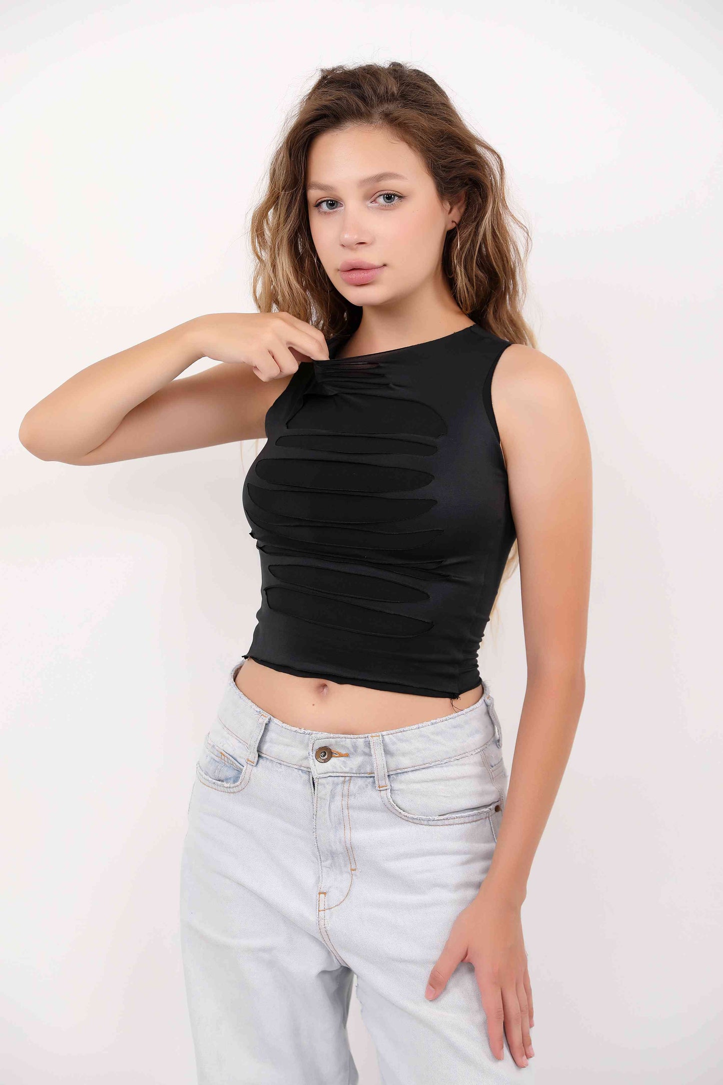 Black Cut Distessed Top