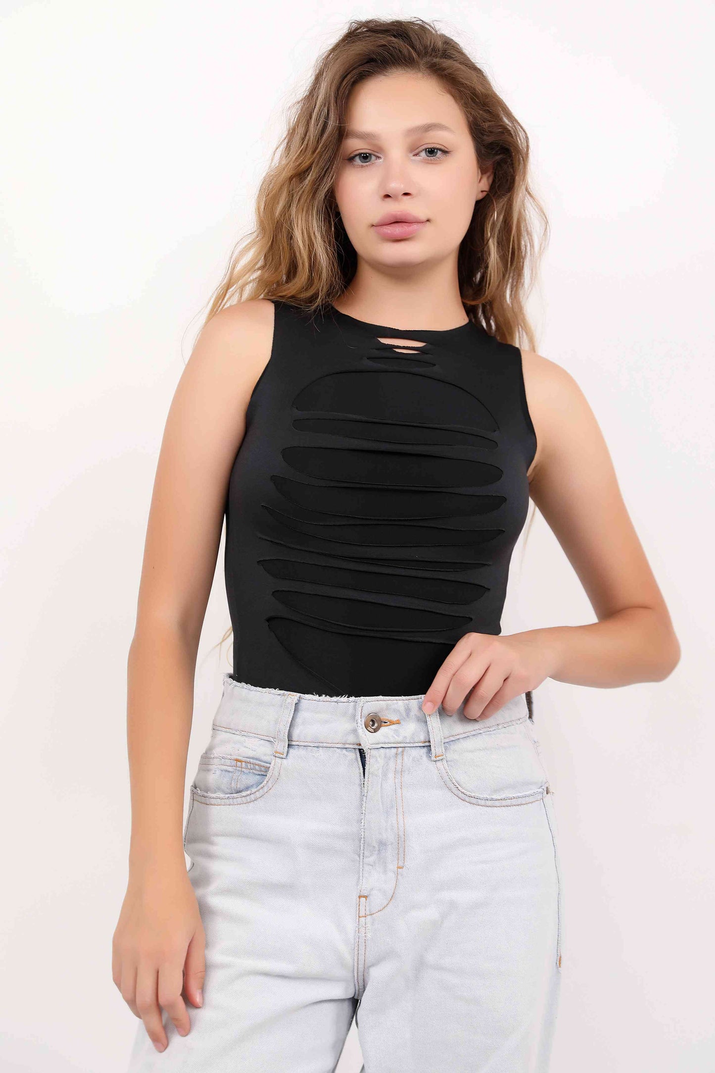 Black Cut Distessed Top