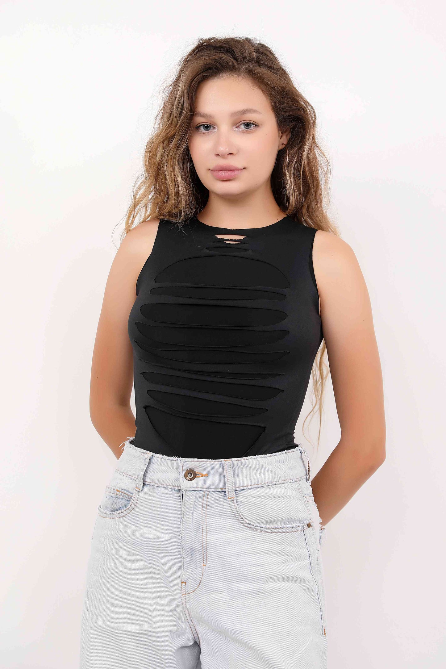 Black Cut Distessed Top