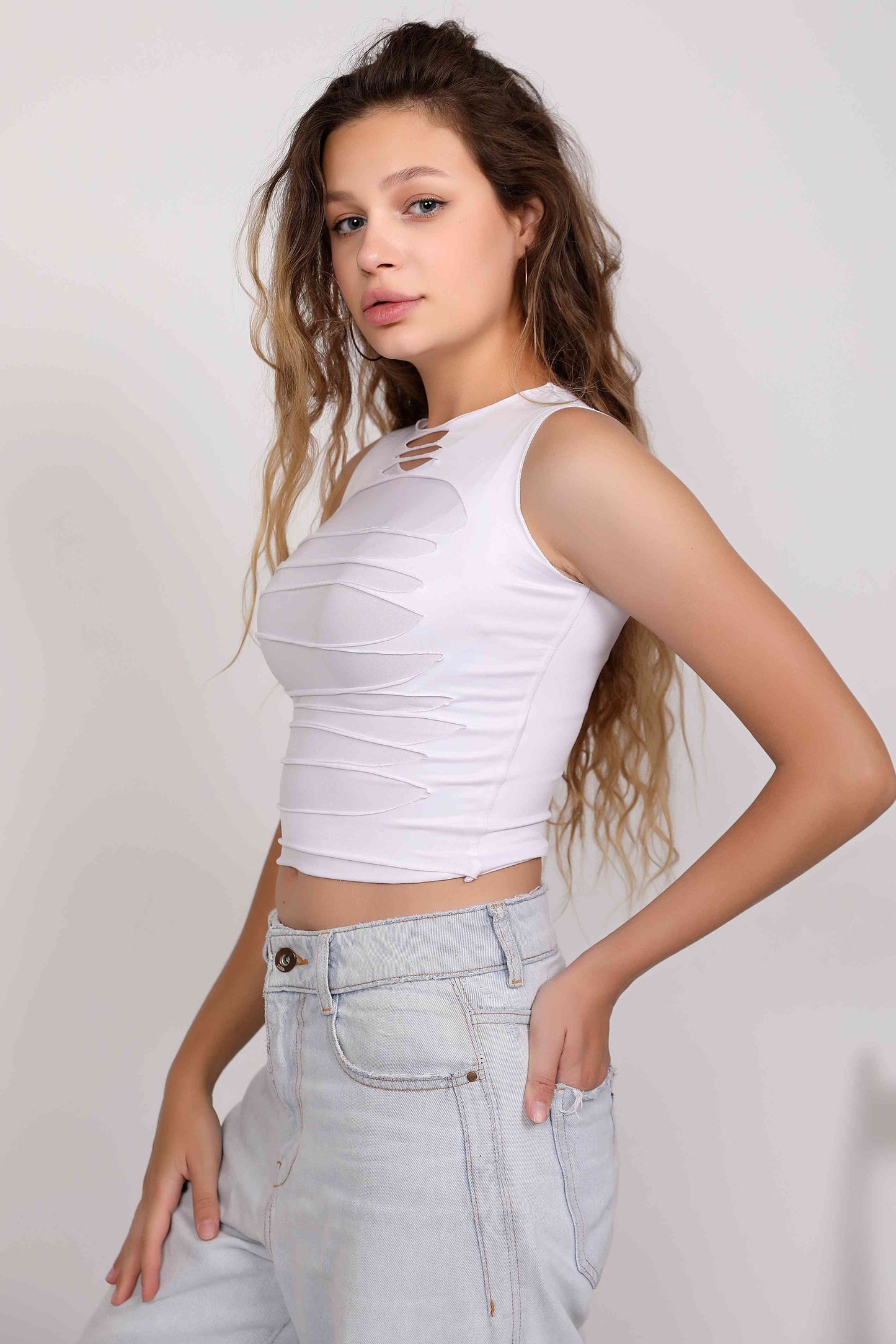 White Cut Distessed Top