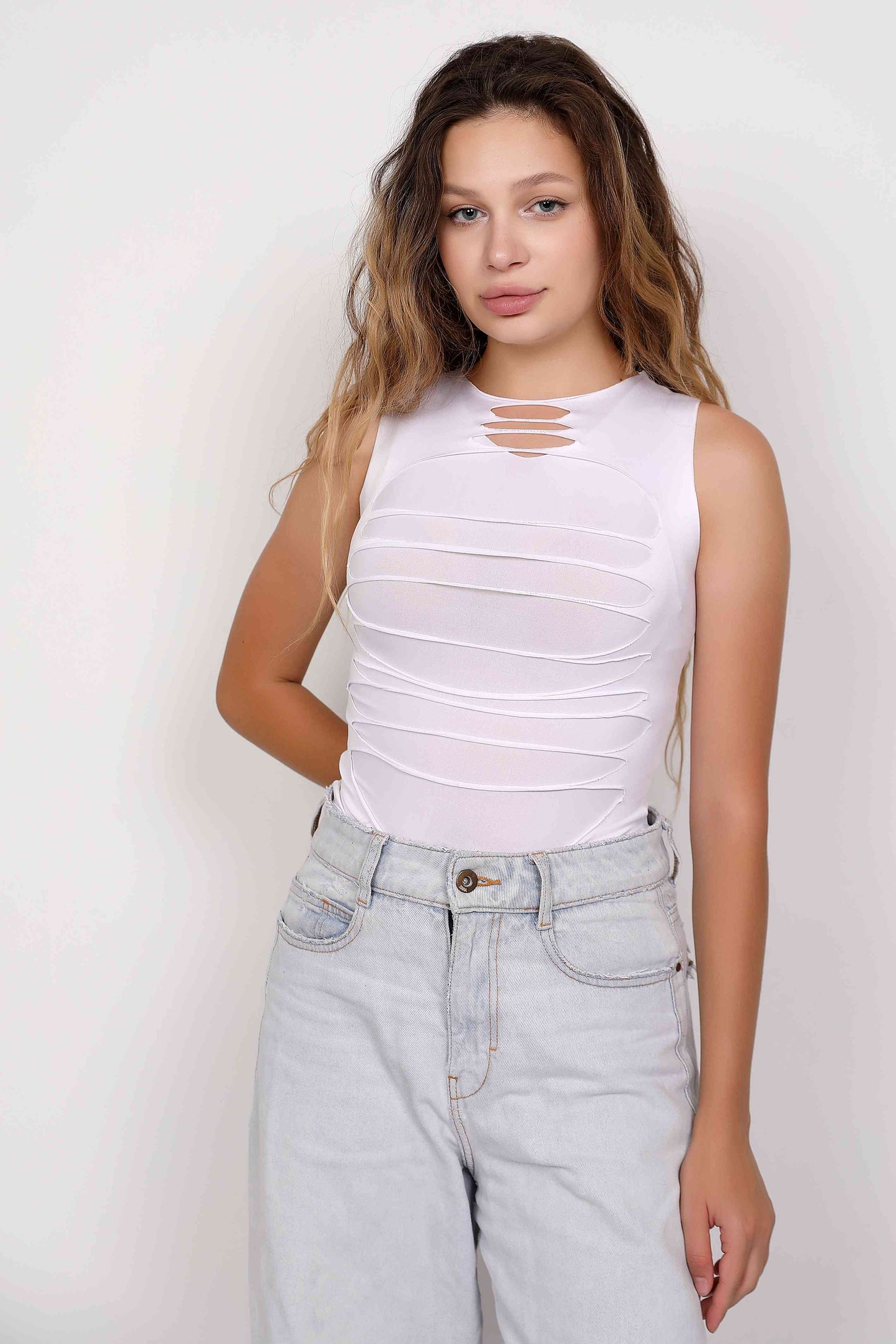 White Cut Distessed Top